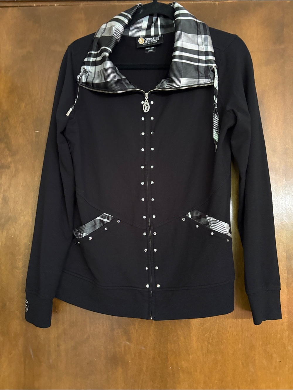 Christine Alexander Black Zip Jacket with Plaid Trim and Stud Accents